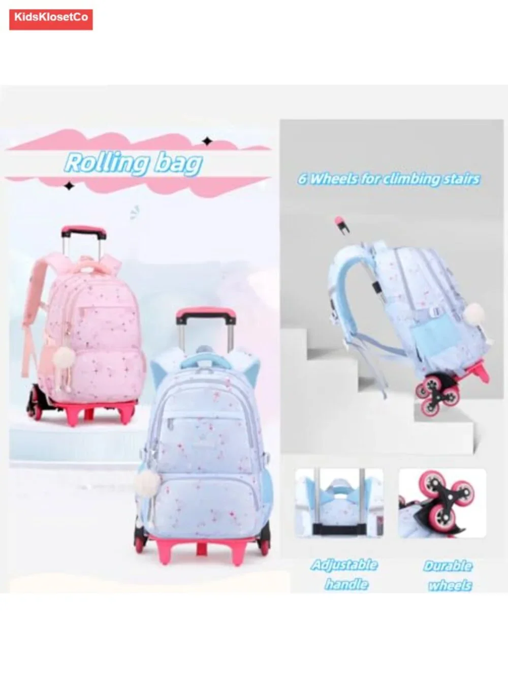 Kids Rolling Backpack with Wheels for School, Nylon, Star Pattern